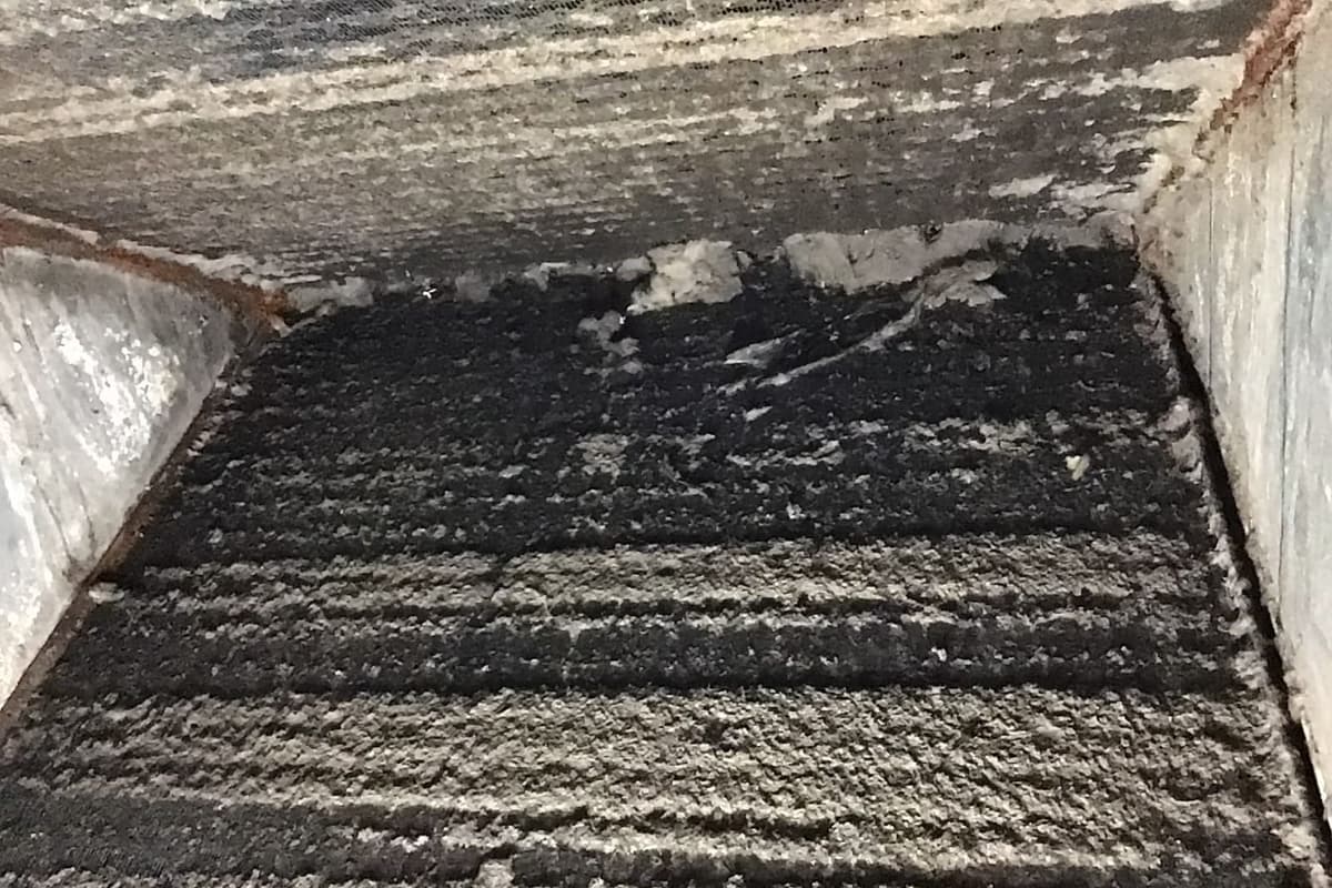 An evaporator coil coated with dust and debris.
