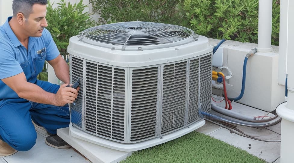 Technician kneeling beside an outdoor AC condenser to check its refrigerant lines