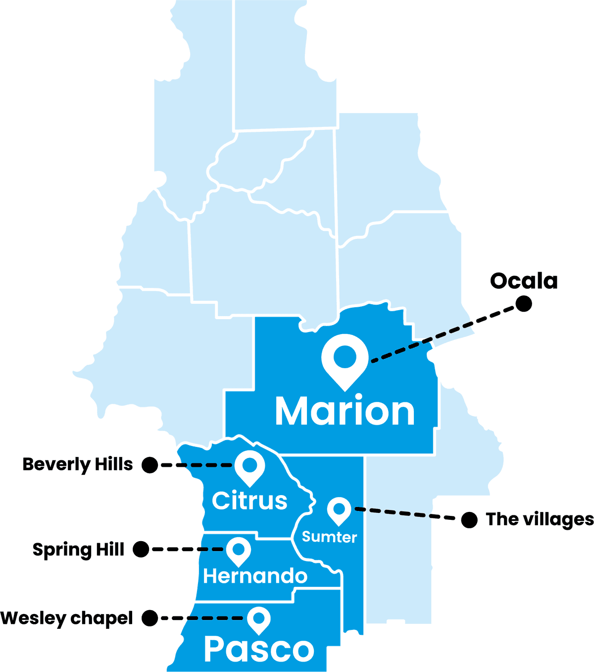 Map of SunCoast’s Central Florida service area across Pasco, Hernando, Citrus, Sumter and Marion counties, marking Ocala, The Villages, Beverly Hills, Spring Hill and Wesley Chapel