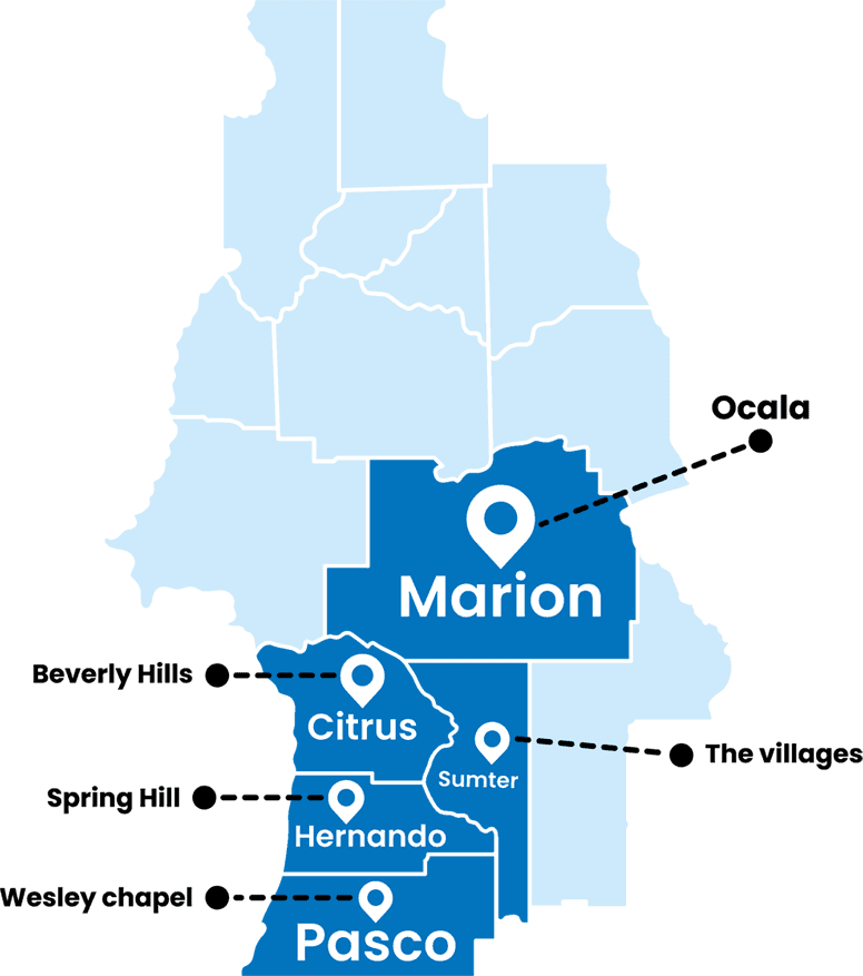 Map of the SunCoast Air Conditioning service area: Pasco, Hernando, Citrus, Sumter and Marion counties, with Ocala, The Villages, Beverly Hills, Spring Hill and Wesley Chapel marked