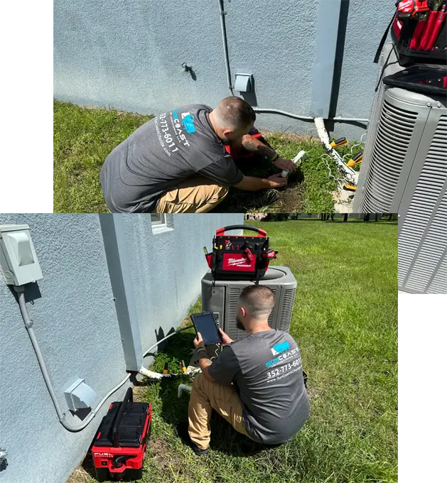 checking ac refrigerant levels and cleaning the ac condensate drain line with vacuum