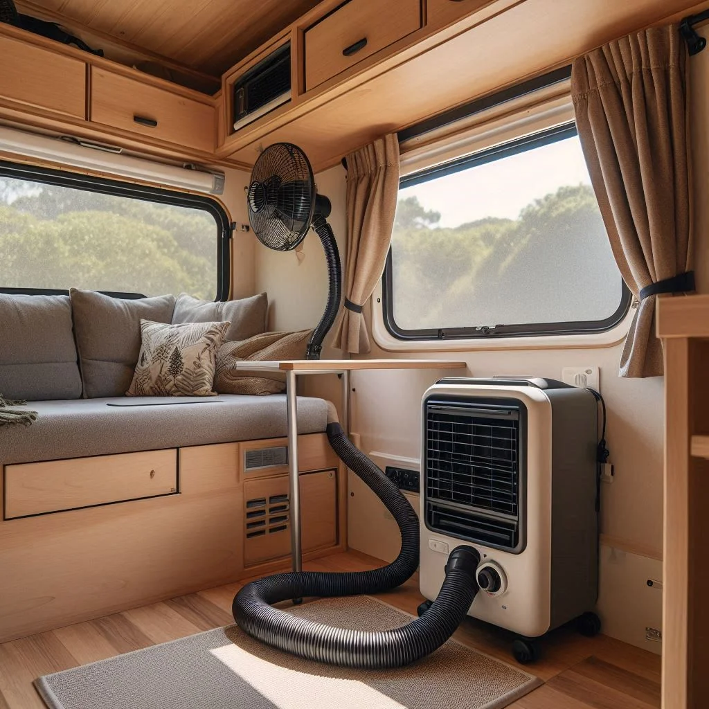 Interior of a camper van with a portable air conditioner positioned near a vented window, showing the exhaust hose in use.