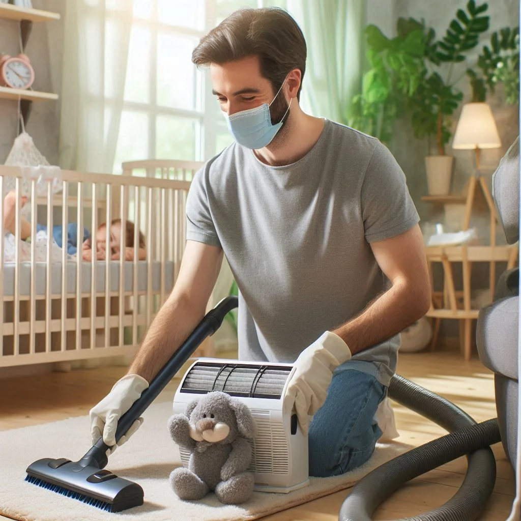 A parent cleaning an air conditioner filter with a vacuum, with a sparkling nursery in the background.