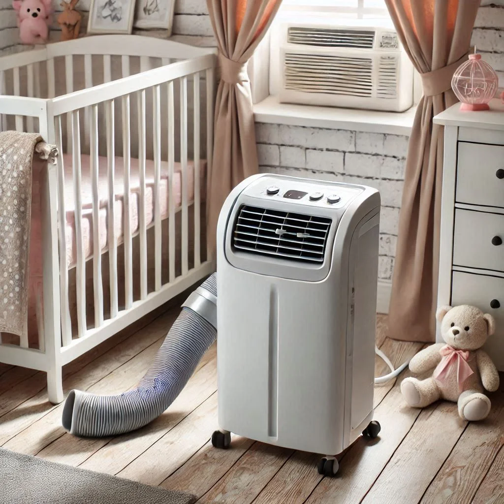 A portable air conditioner in a nursery, with the exhaust hose properly connected to a window, showcasing a tidy and functional setup.