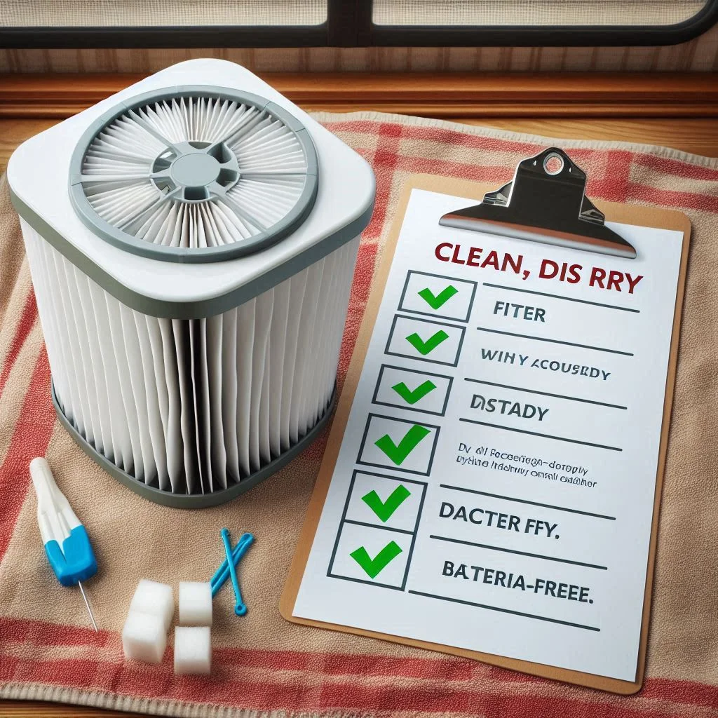 A clean and dry RV AC filter placed on a towel with a checklist for “Clean, Dry, Bacteria-Free.”