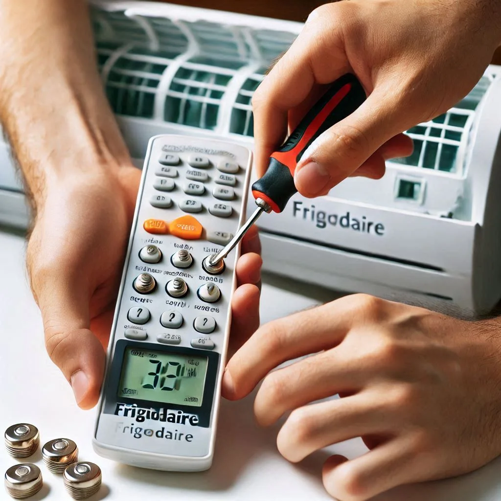 Close-up of a person replacing the batteries in a Frigidaire air conditioner remote control.