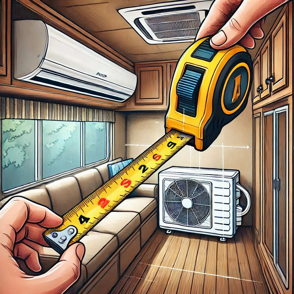 An image of a person measuring the interior of an RV with a tape measure, showing how to calculate the square footage for an AC.