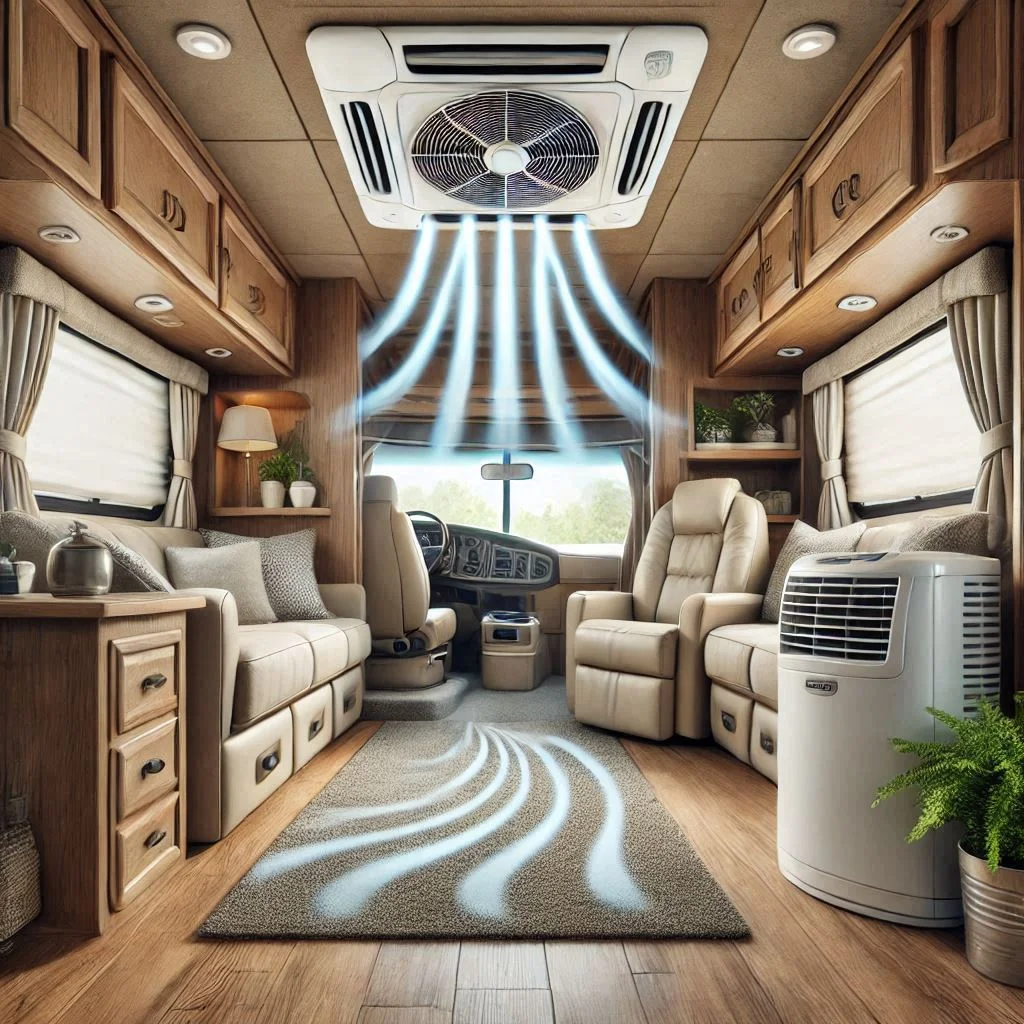 An interior view of a medium-sized RV with an air conditioner running, showing cool air circulating evenly across the living area.