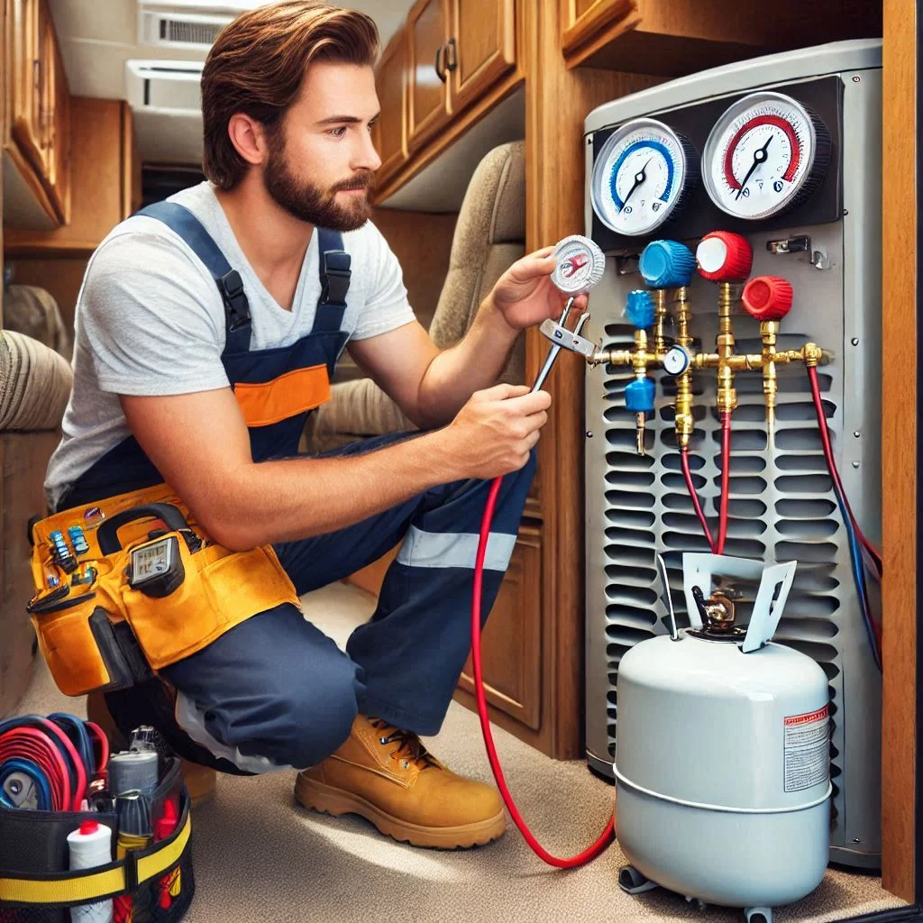 "Technician recharging an RV air conditioner with refrigerant using a gauge and safety equipment, demonstrating the proper method for recharging."