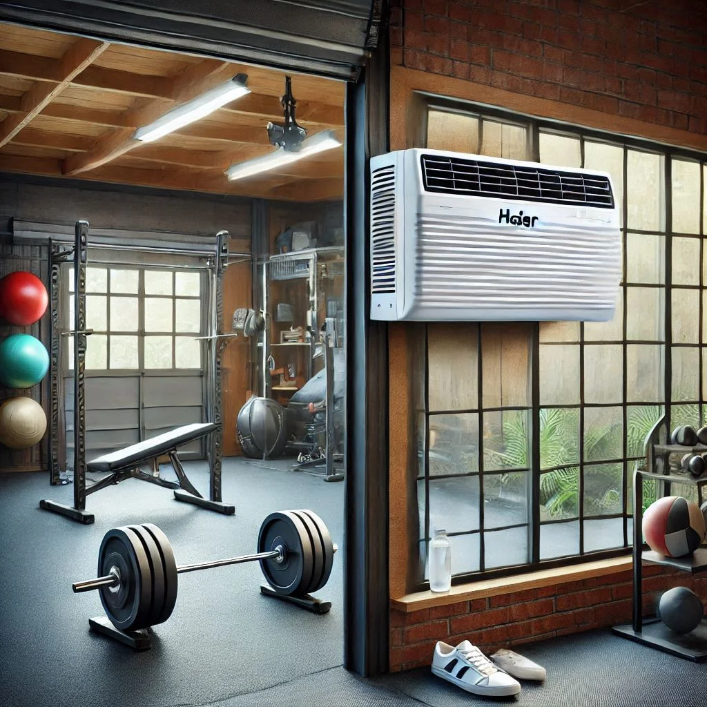 A Haier 8000 BTU Window Air Conditioner installed in a garage gym window, showing how it complements the space’s aesthetic.