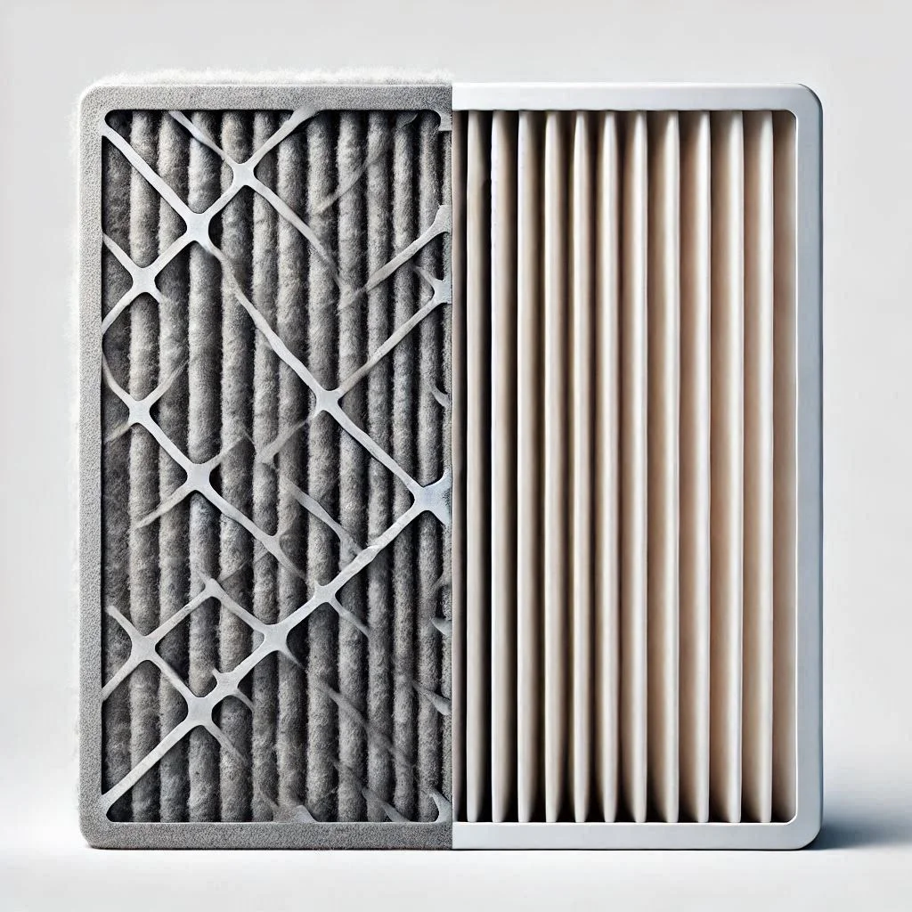 A clean air filter beside a dirty one, illustrating the difference and importance of regular replacement.