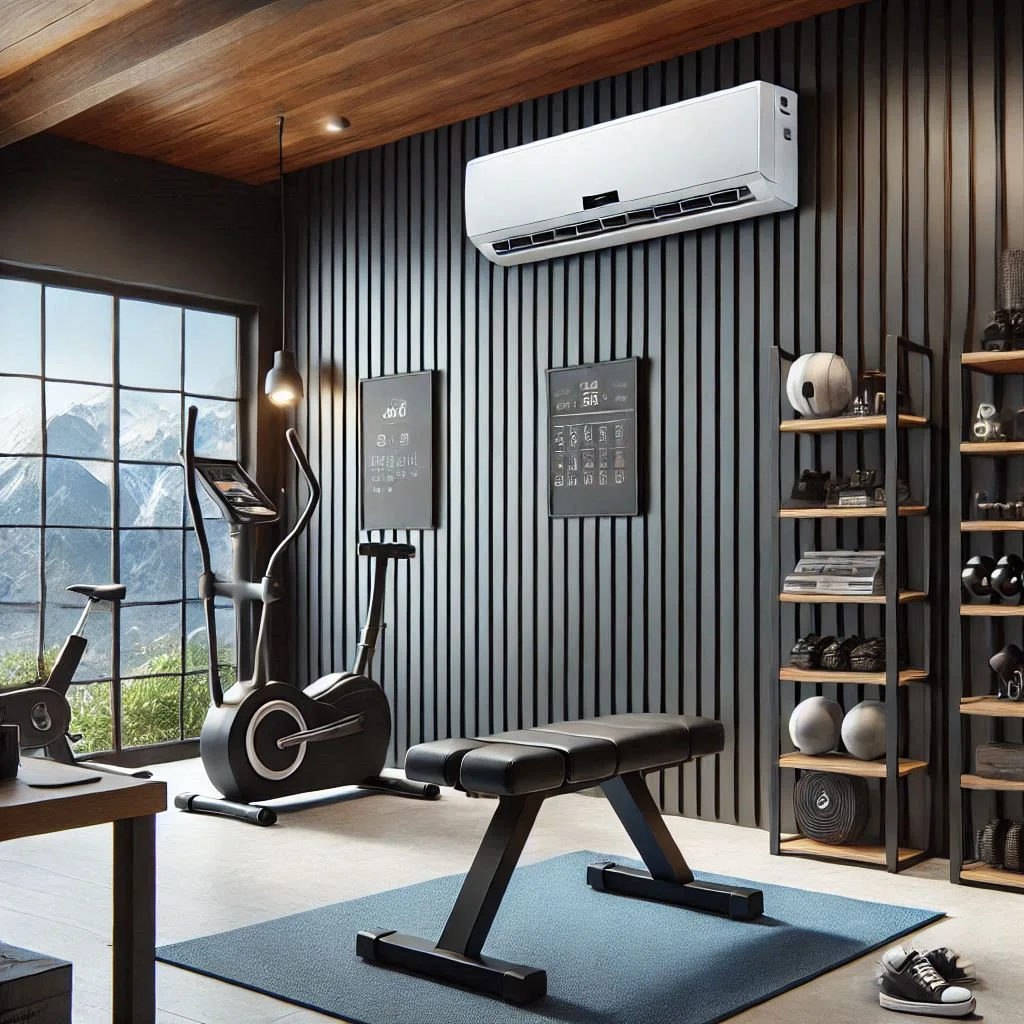 A sleek modern garage gym with a wall-mounted Mrcool Do-It-Yourself AC, highlighting its installation and functionality.