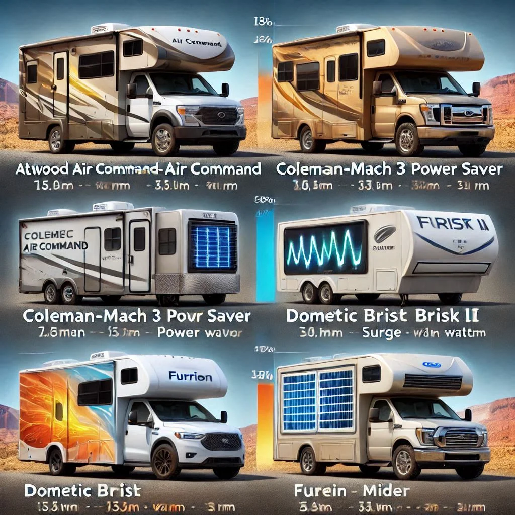 "A comparison chart of popular RV air conditioner models (Atwood Air Command, Coleman-Mach 3 Power Saver, Dometic Brisk II, Furrion, and Midea), with wattage consumption and surge wattage for each."