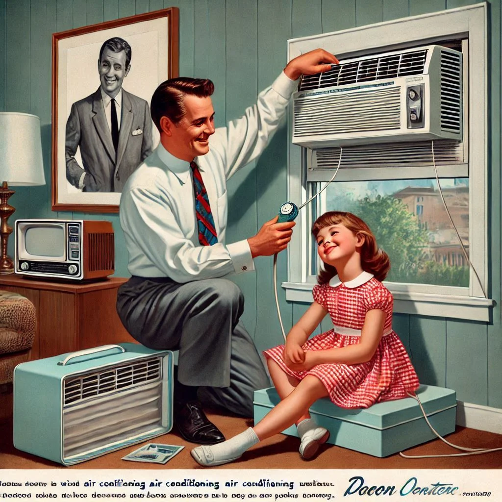 A 1960s advertisement showing a family installing a window air conditioning unit, highlighting the accessibility and affordability of air conditioning technology during this era.