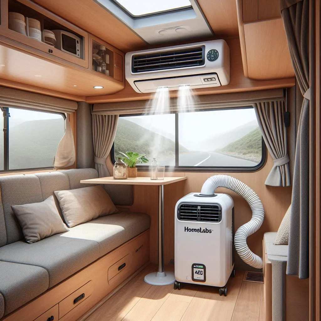 Homelabs Portable Air Conditioner in a camper van with its vent hose properly installed through a side window, cooling the interior.