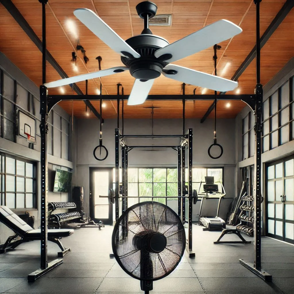 A ceiling fan in a garage gym, circulating air to enhance cooling.