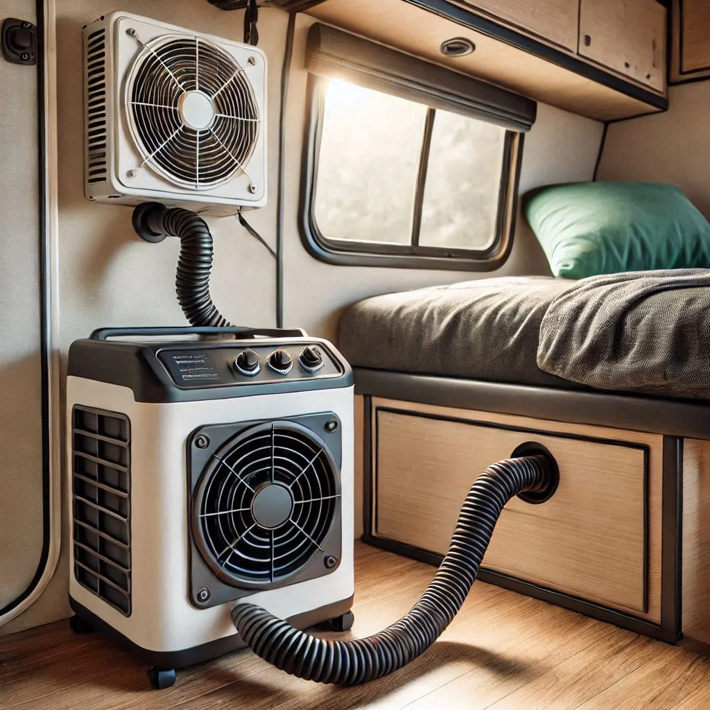 A portable AC unit running inside a compact camper with a vent hose leading to a window.