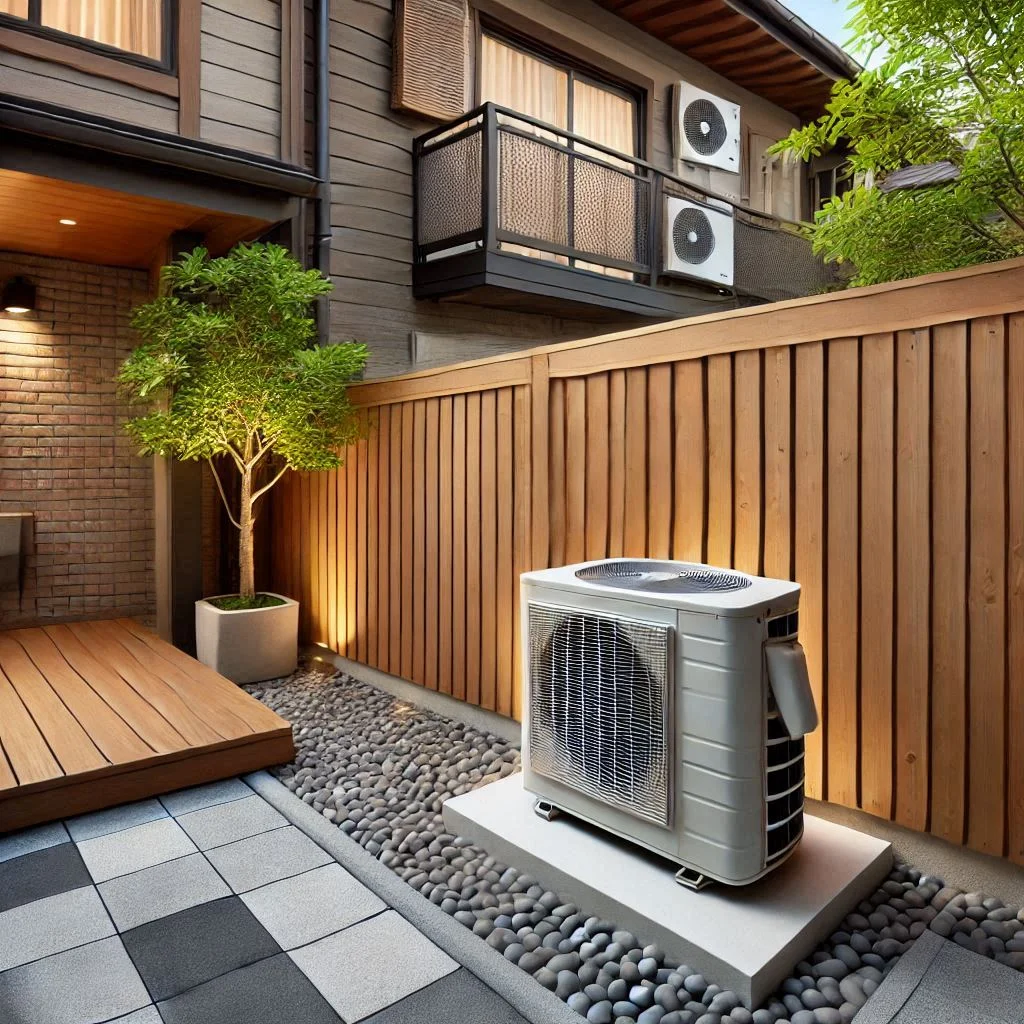 "An air conditioner unit surrounded by a beautifully designed wooden fence in a residential backyard, showcasing a clean and neat outdoor space."