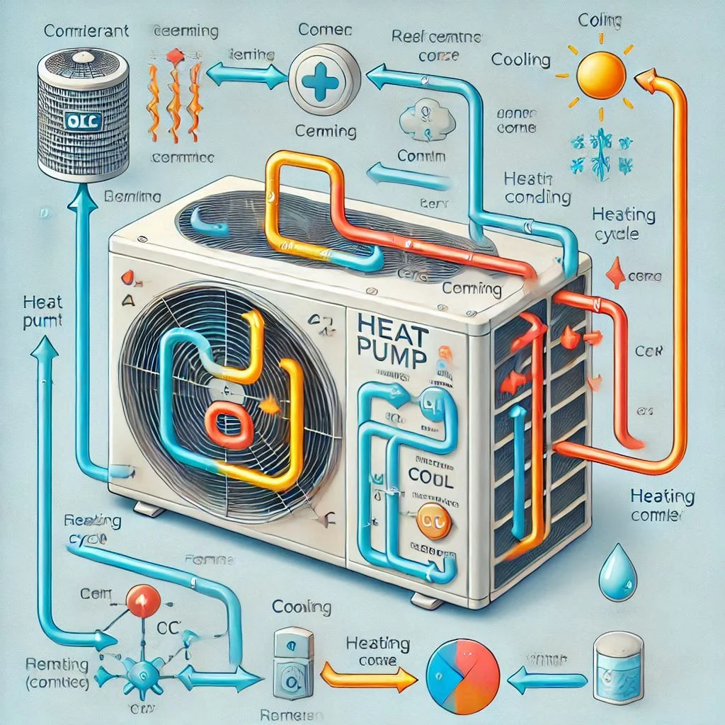 "Diagram showing the heat pump cycle, with labels explaining the flow of refrigerant in both heating and cooling modes."