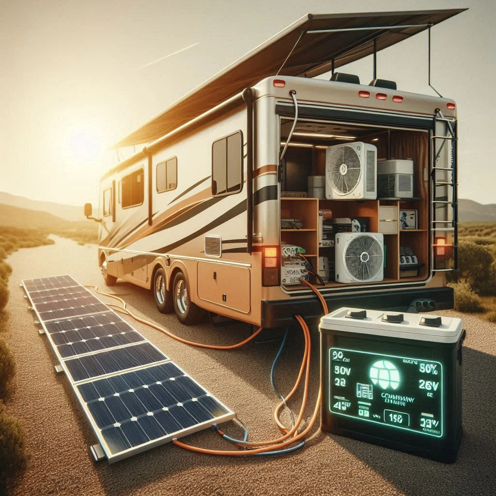 "A side view of an RV parked under a sunny sky, connected to solar panels powering a 12V air conditioner, with an overlay showing wattage and battery level indicators."