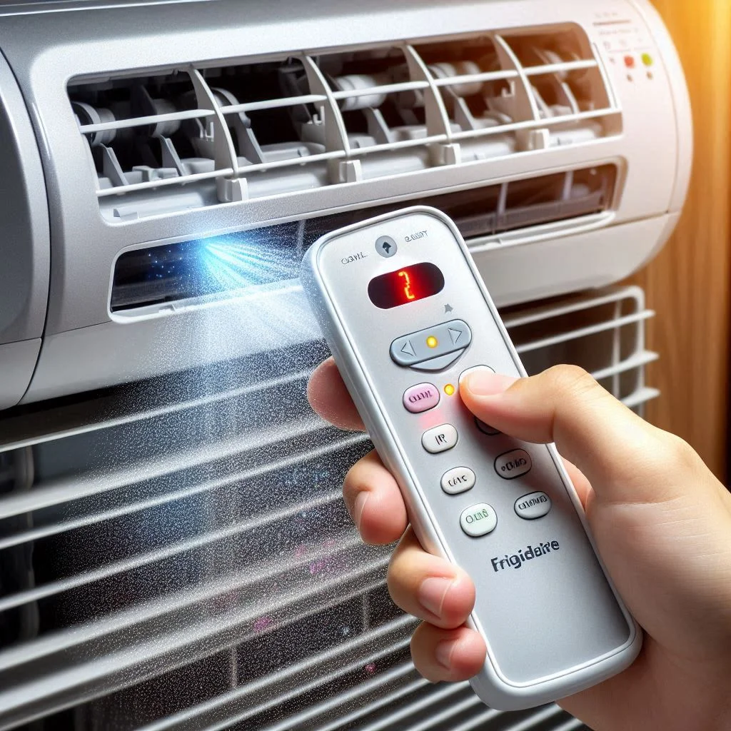 A Frigidaire air conditioner unit with a clear line of sight from the remote control, showing the IR sensor being cleaned or dusted.