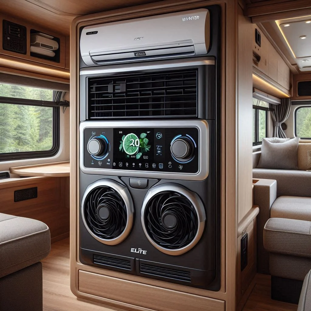 The Whynter Elite ARC-122DS placed inside a camper van, showing dual hoses venting through a window and a digital display with cooling settings.