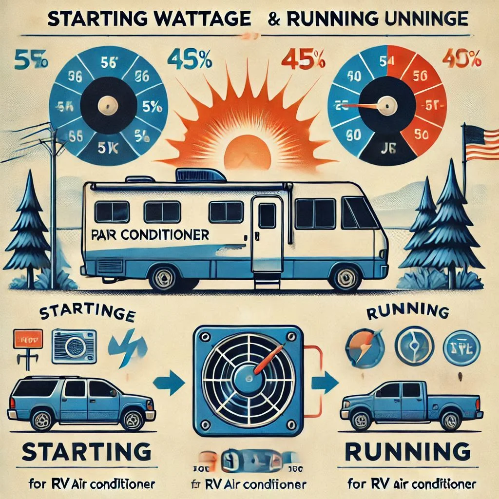 "An infographic explaining the difference between starting wattage and running wattage for an RV air conditioner"