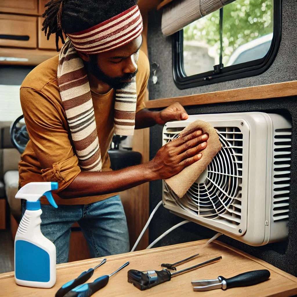 A person wiping the RV air conditioner shroud with a microfiber cloth, with tools like a screwdriver and cleaning spray visible in the background.