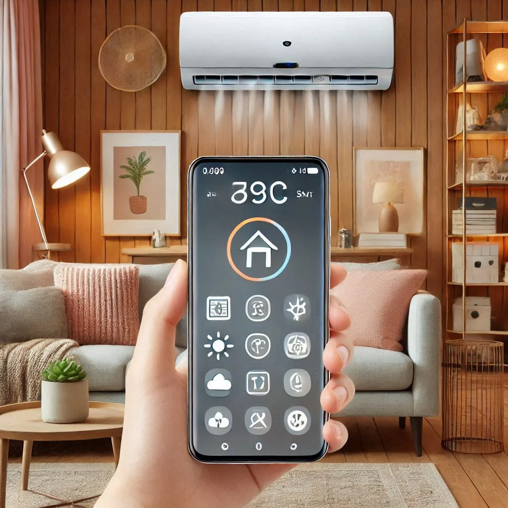 "TCL 5P93C Smart Series Portable Air Conditioner in a cozy living room with smart home control interface on a smartphone screen."