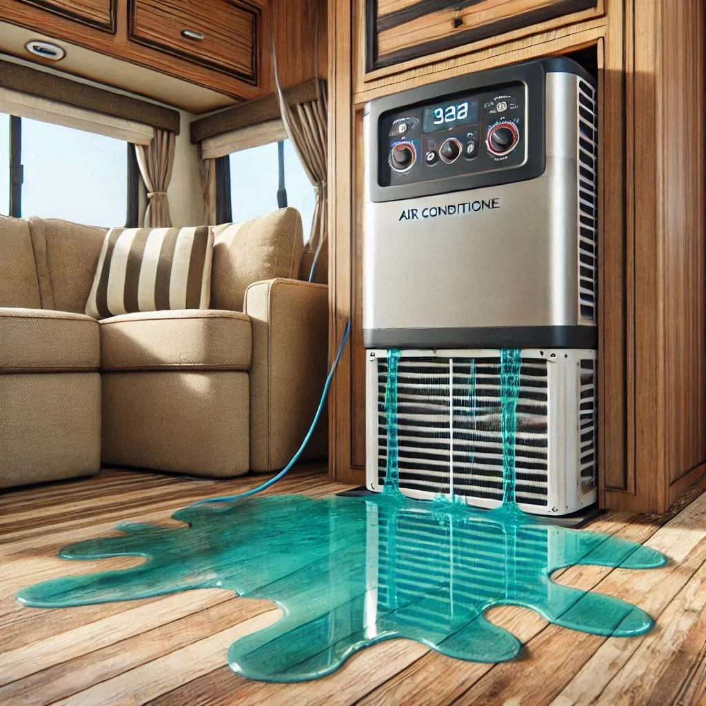 Image showing an RV air conditioner unit with visible water leaks on the floor, indicating a potential issue requiring repair.