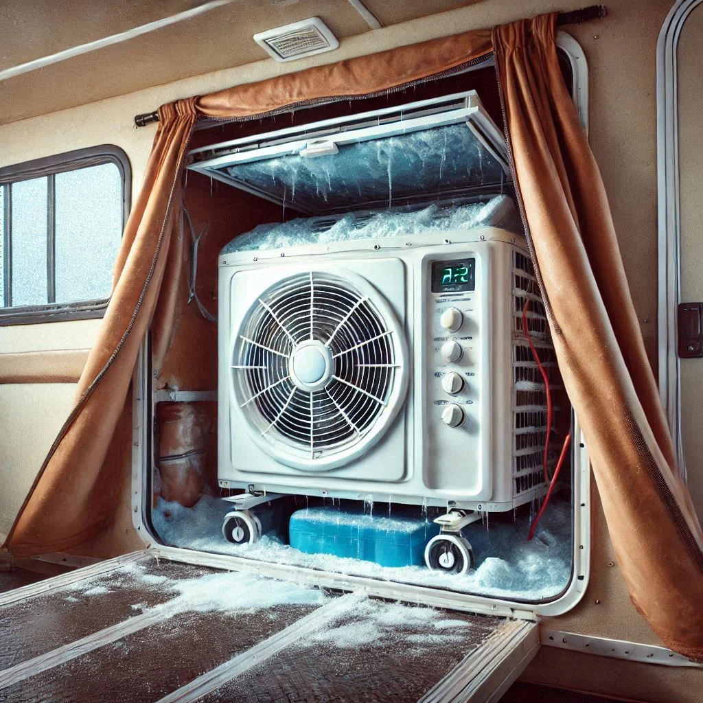 "An RV air conditioner during winter storage with a cover removed, showcasing the clean and well-maintained unit inside, with no moisture or debris trapped."