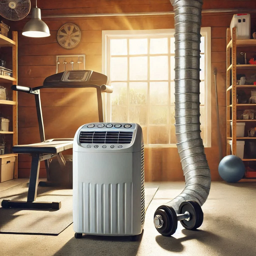 A portable air conditioner set up in a garage gym, with the exhaust hose venting air outside through a window.