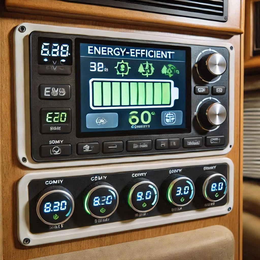 A close-up of an RV power panel displaying energy-efficient operation while running the air conditioner.