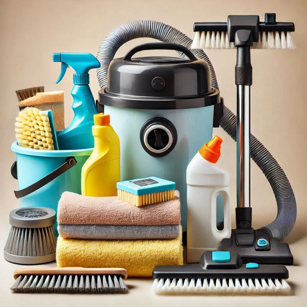 A neatly arranged collection of cleaning tools, including a vacuum, brush, soapy water bucket, and towel, ready for vent cleaning.