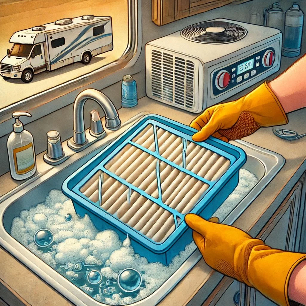 "Step-by-step guide on cleaning an RV air conditioner’s air filter, with a person removing and washing the filter in warm soapy water."