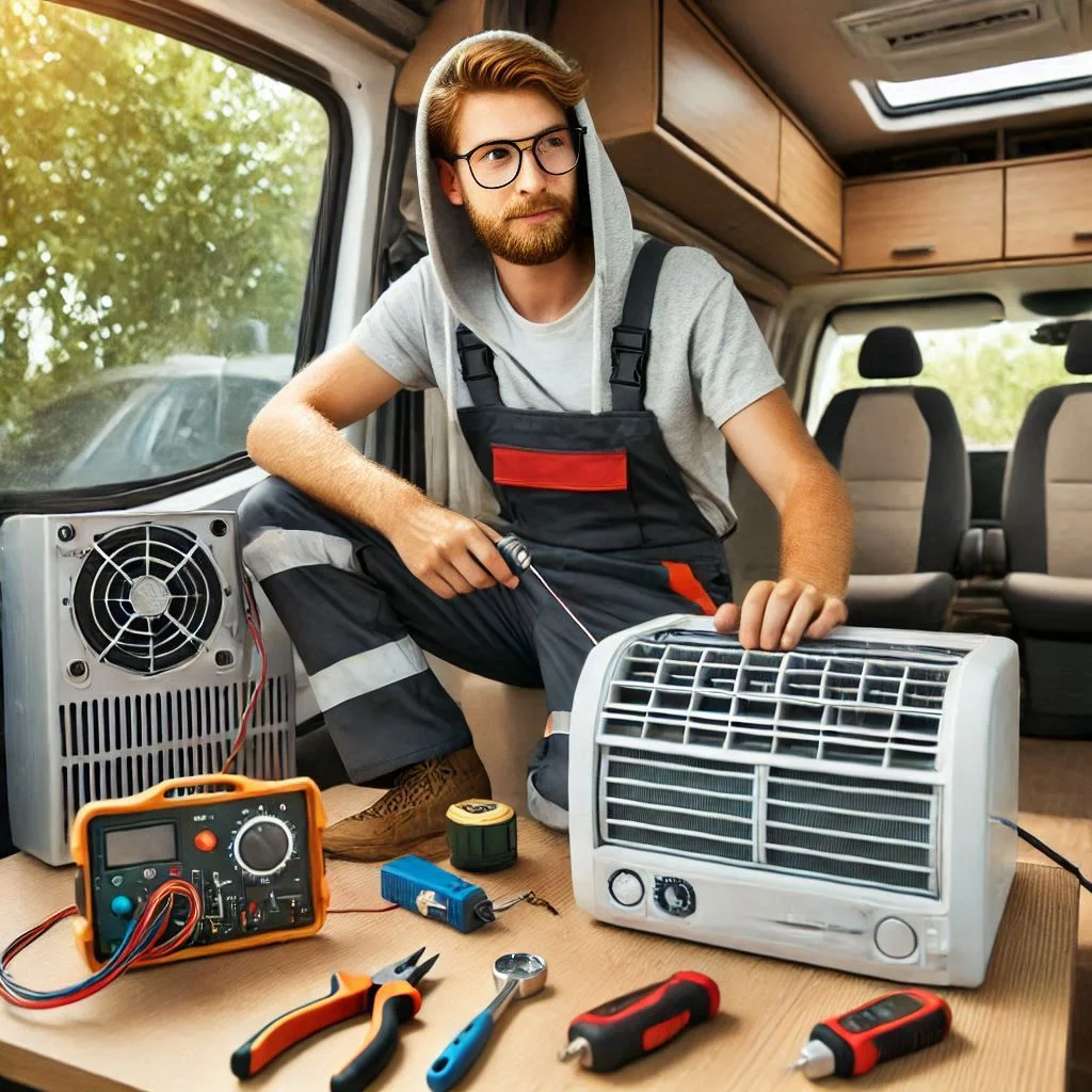 A camper van technician troubleshooting a portable air conditioner, with tools and diagnostic equipment nearby.