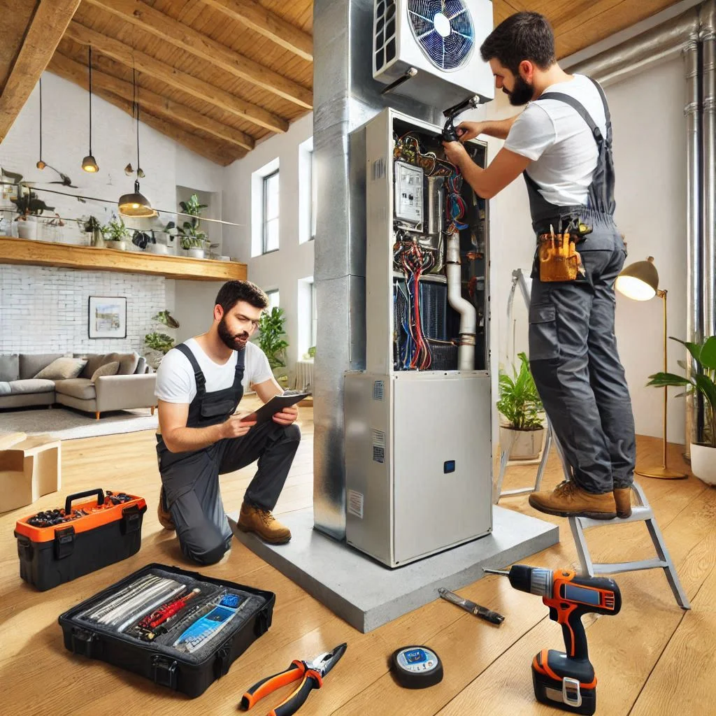 An installation crew working on a heat pump system in a spacious residential home, with a focus on the careful setup process and tools being used.