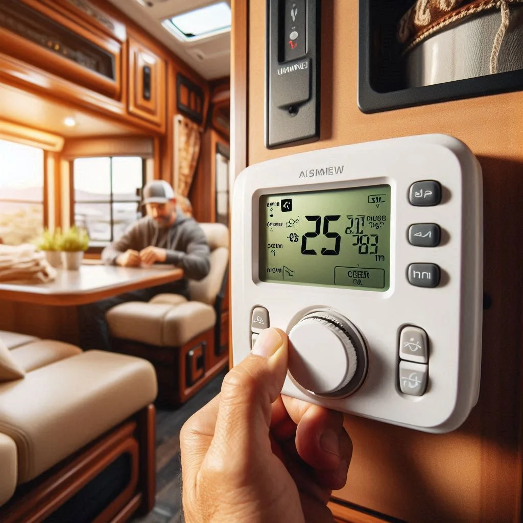 "Close-up image of an RV air conditioner’s thermostat with the power turned off, showing a person inspecting the settings to diagnose an issue."