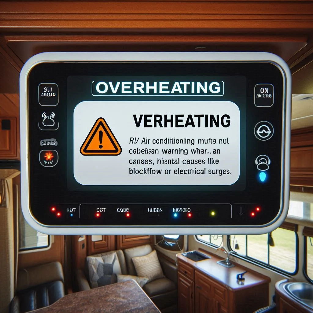 An RV air conditioning unit displaying an overheating warning or error message, highlighting potential causes like blocked airflow or electrical surges.