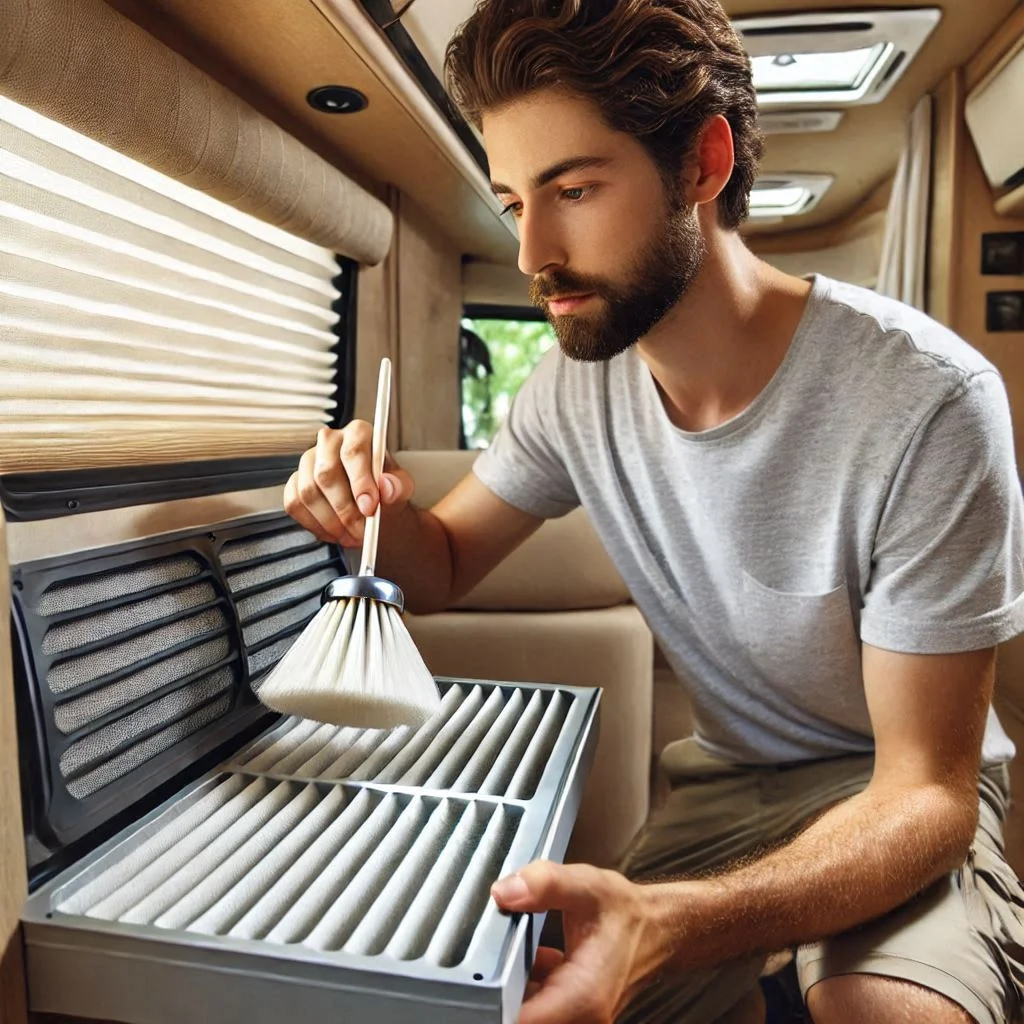 "A close-up image of a technician cleaning the air filters of a Houghton RV air conditioner. Show the technician using a soft brush to remove dust and debris from the filter. Include a well-lit RV environment."