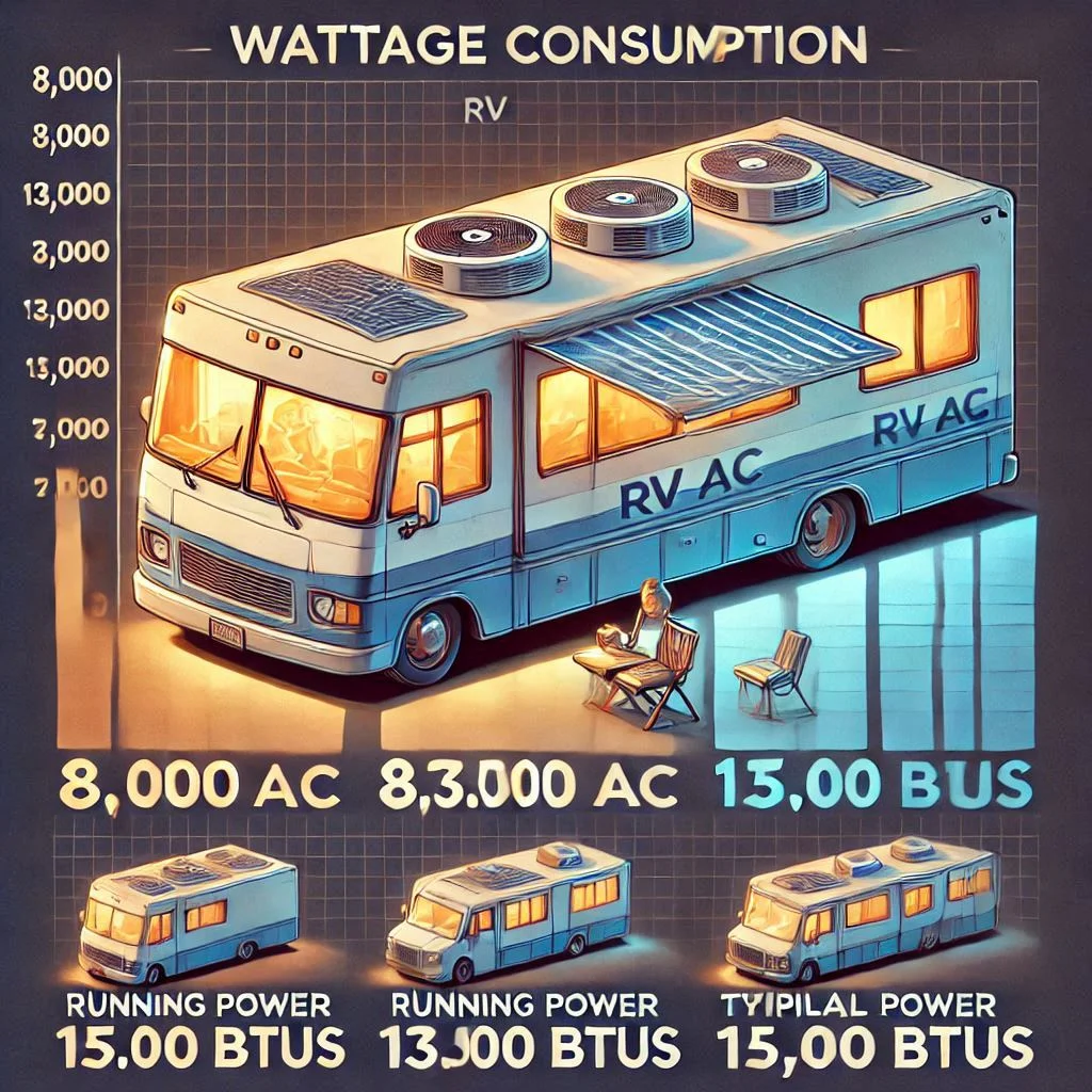 "A chart showing the wattage consumption of different RV AC sizes (8,000, 13,500, 15,000 BTUs) with running power and typical usage scenarios."