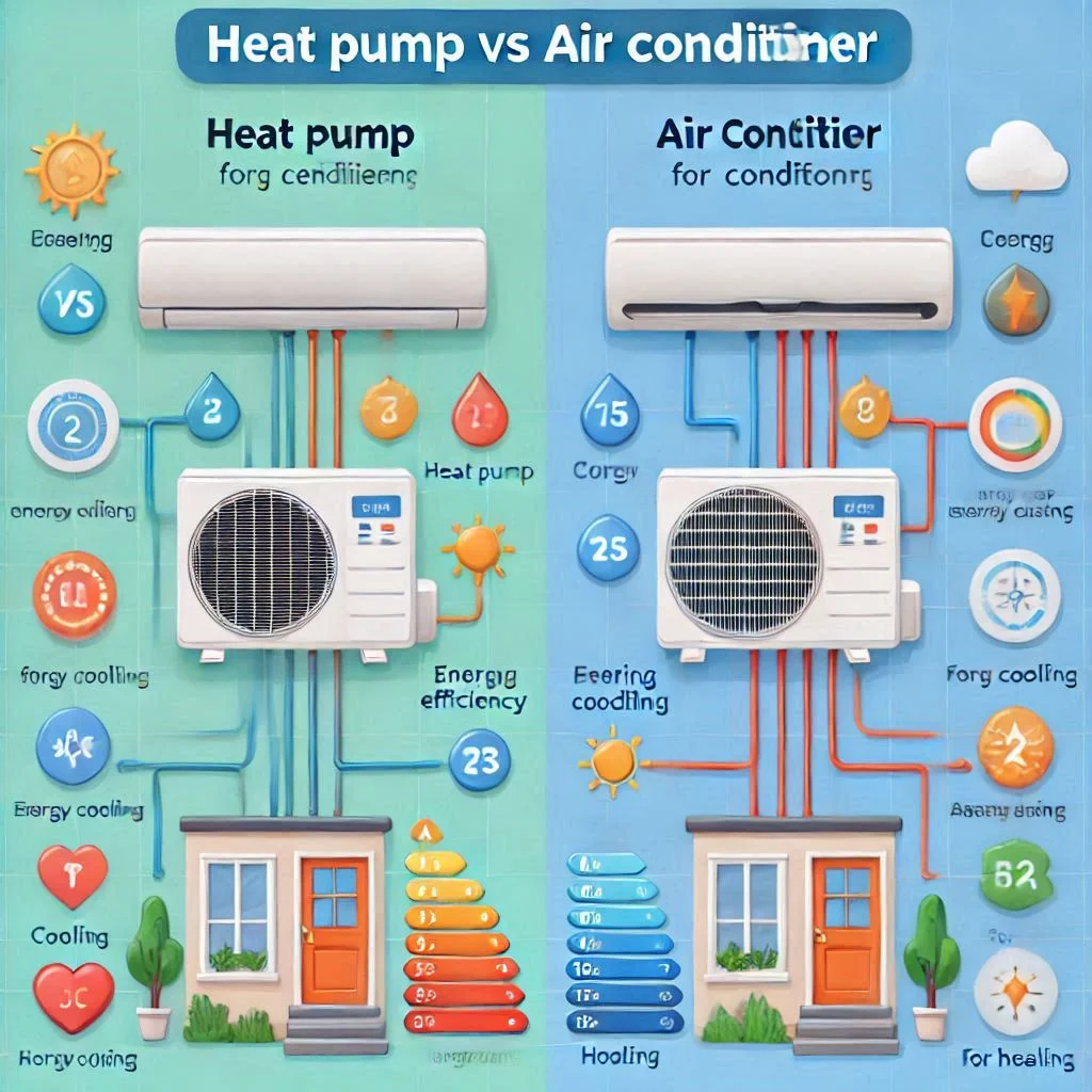 "A side-by-side energy efficiency comparison of heat pump and air conditioner, highlighting their energy use for cooling and heating."