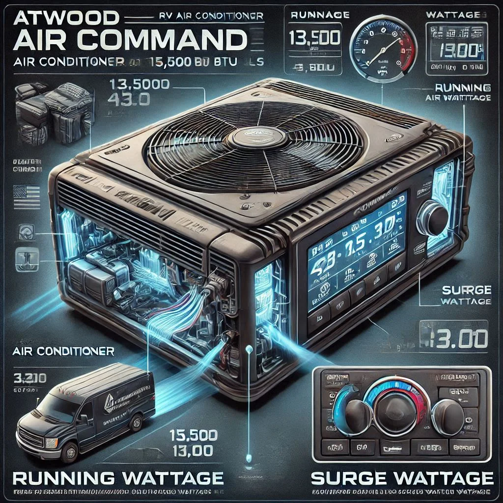 "A detailed image showing the Atwood Air Command RV air conditioner with wattage specifications for both 13,500 and 15,000 BTU models, highlighting the running and surge wattage."