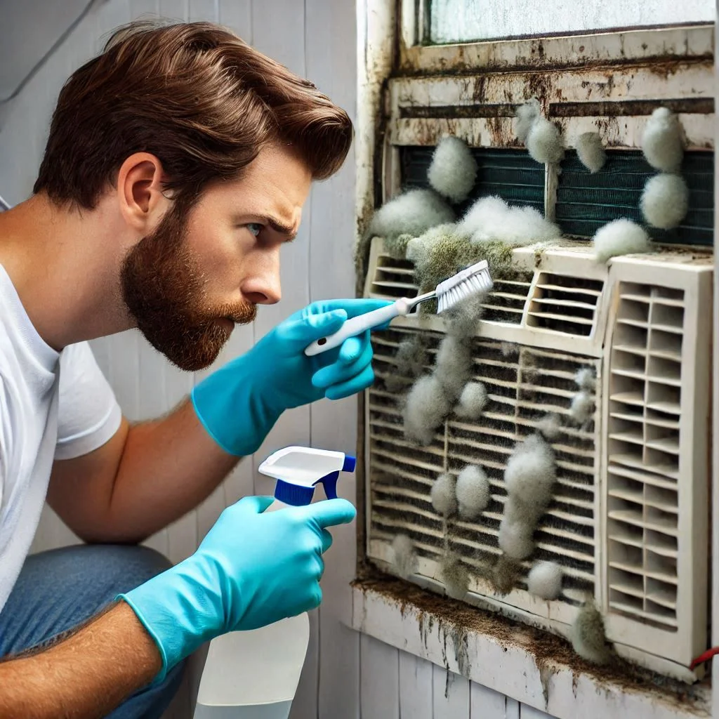 "An image of a technician using vinegar and a soft brush to clean mold from the styrofoam inside a window air conditioner, with a focus on the affected area."