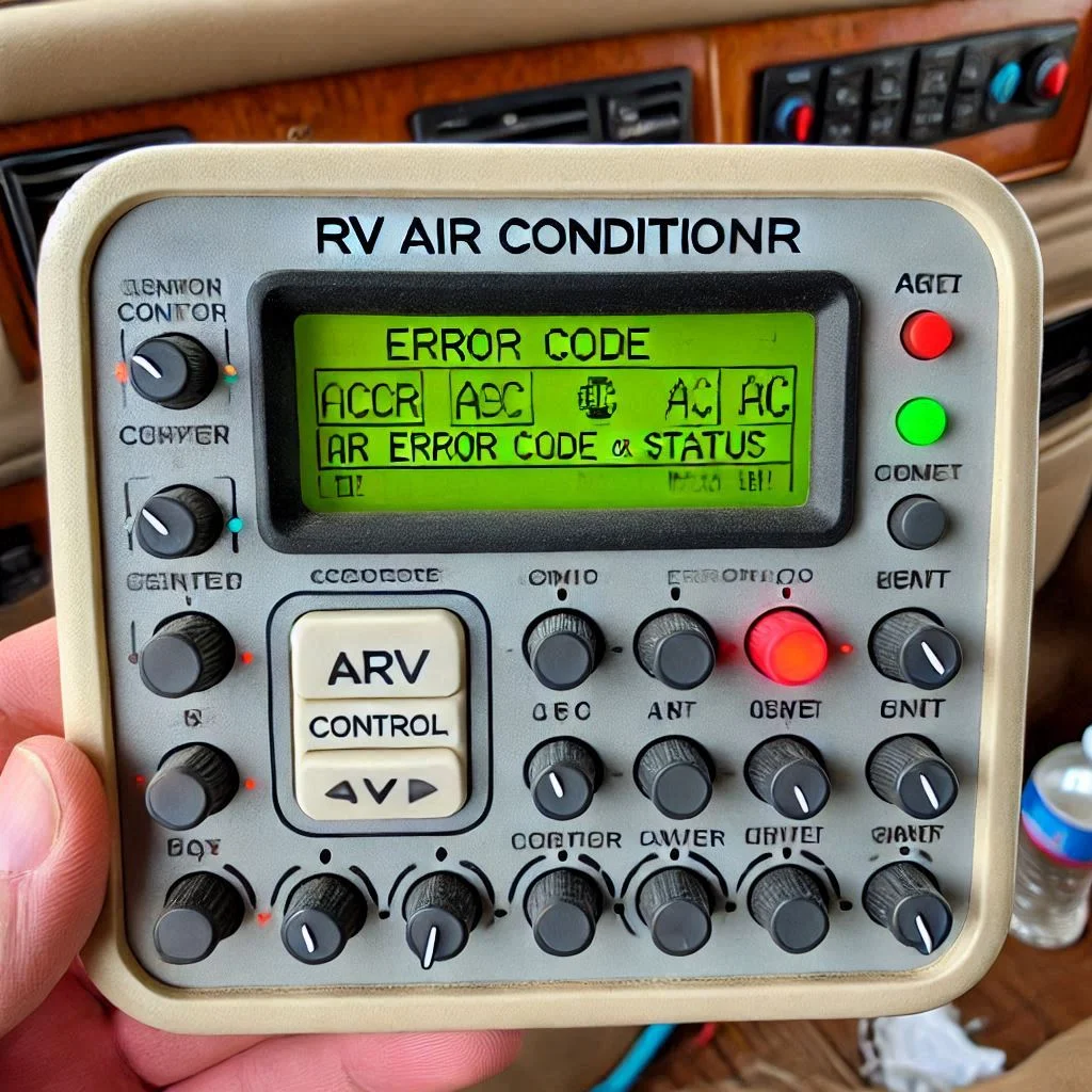 "Close-up of an RV air conditioner control panel showing an error code or status indicator."