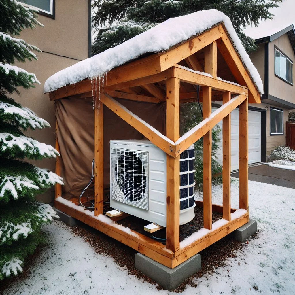 A well-built DIY air conditioner cover protecting the unit from rain and snow.