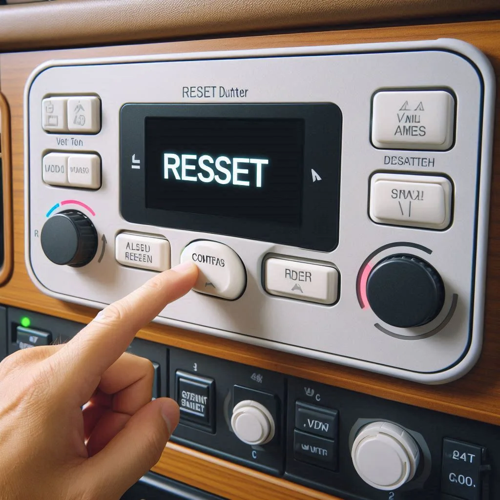 A close-up view of an RV air conditioning unit’s control panel, highlighting the reset button.