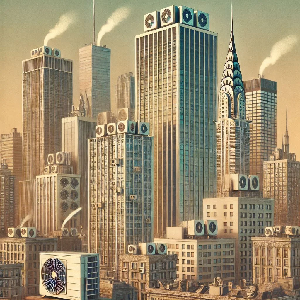 A 1960s city skyline with tall office buildings featuring air conditioning units, illustrating the role of air conditioning in shaping modern urban development and city planning.