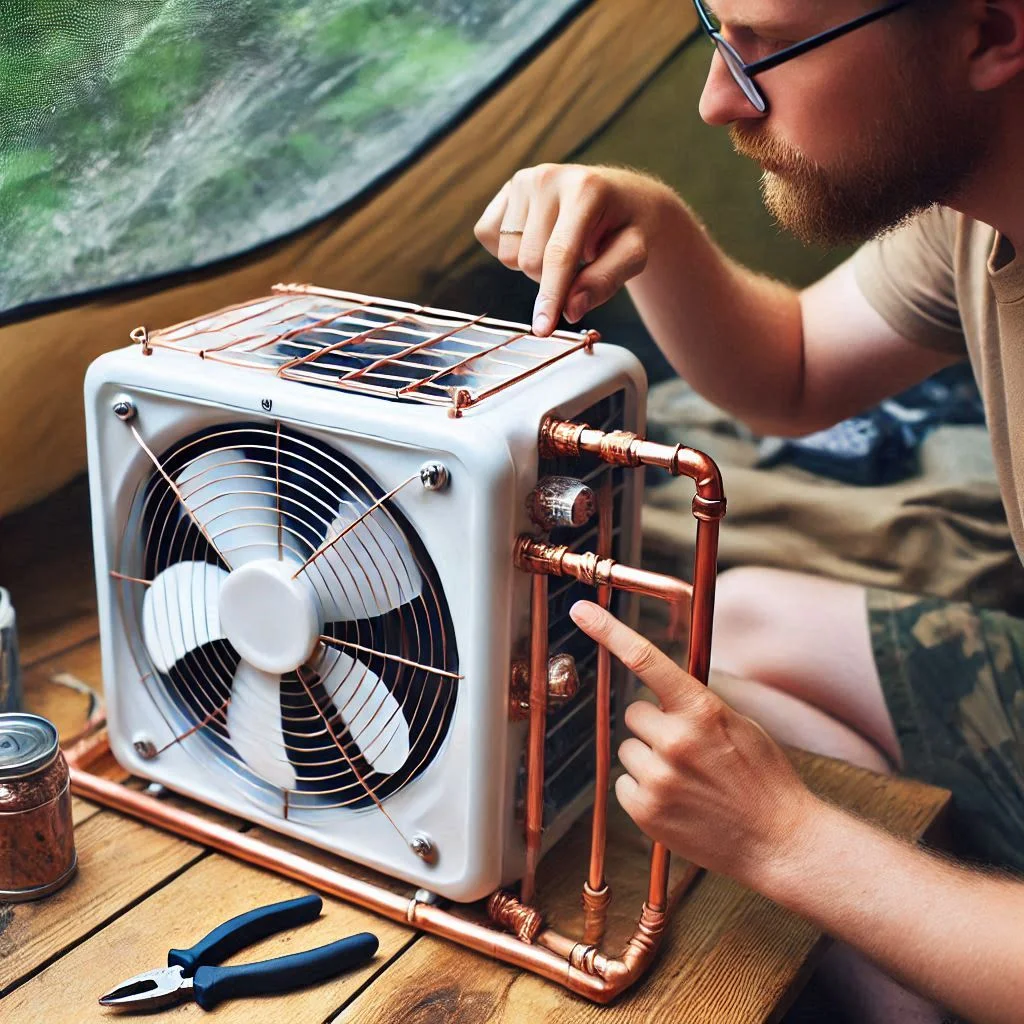 "A person adjusting the position of the copper tubing near the fan to maximize the cooling effect in a DIY camping air conditioner."