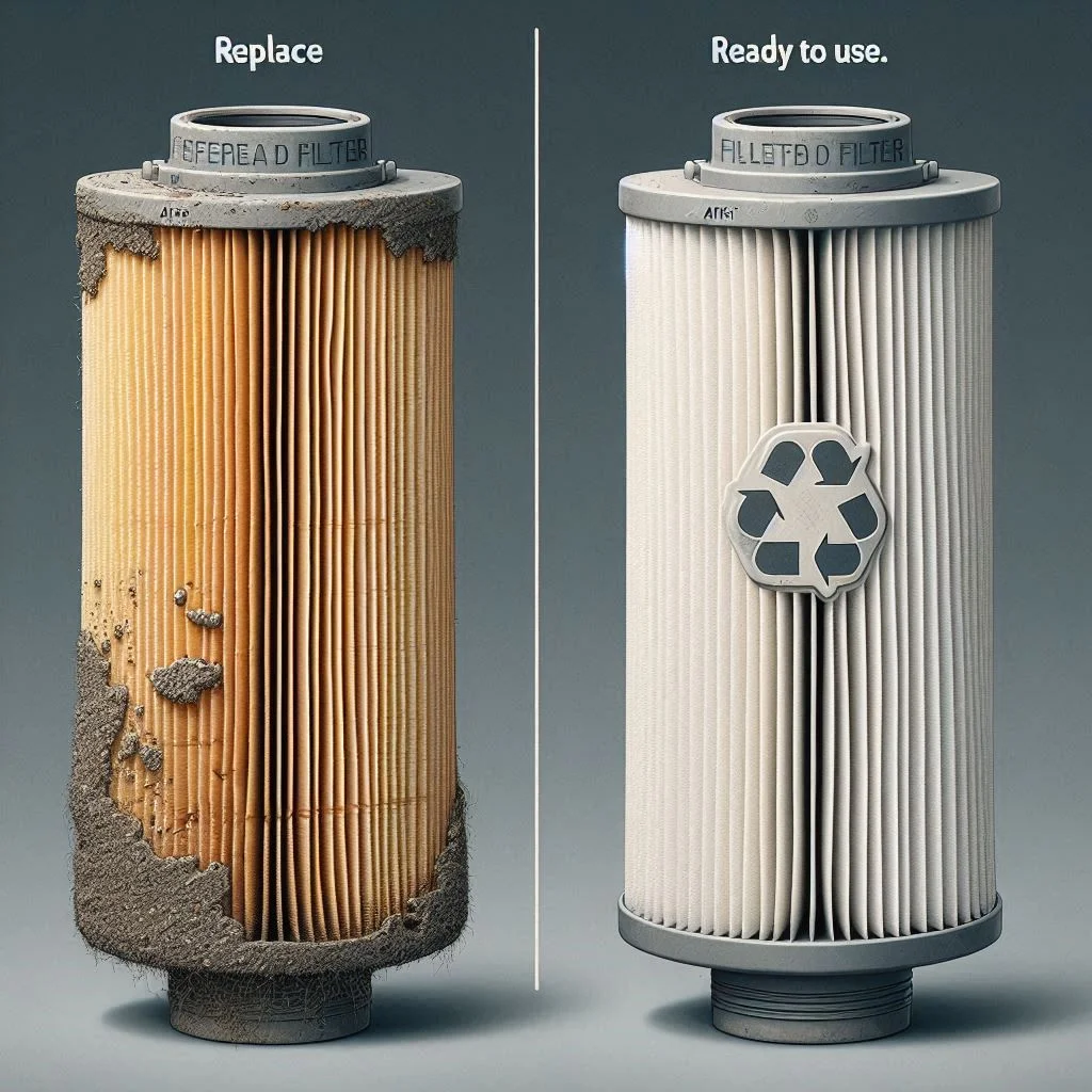 A comparison image showing a damaged filter labeled “Replace” and a clean, new filter labeled “Ready to Use.”